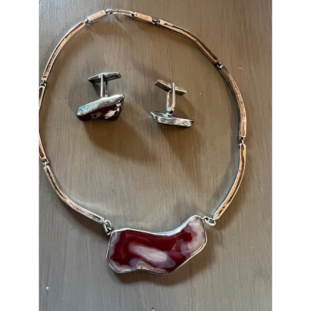 Lewis or Ferris 925 Sterling Silver Agate Necklace Cufflink Set Red Vintage